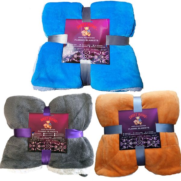 Sherpa Flannel Blanket, 3 Pieces Value Pack. Super Soft Warm Fluffy.