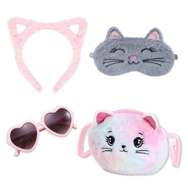 Pink cat gift bundle with cat headband, plush handbag, sunglasses &amp; eyemask