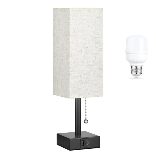 Table Lamp Dual USB LED Pull Chain Bedside Nightstand Light for Bedroom