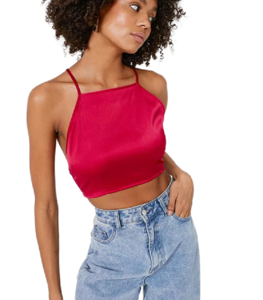 Satin Open Back Halter Summer Top - Red image