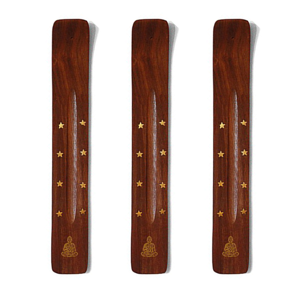 Set of 3 Wooden Flat Incense Burner - Handcrafted - Inlaid with Brass
