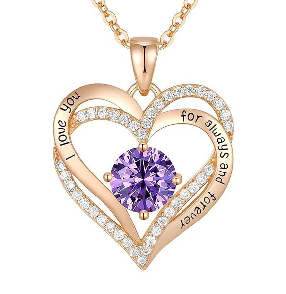 S925 Sterling Silver Forever Love Heart Necklaces for Women - Purple