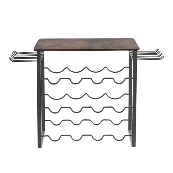 Black Wine Rack with Wood Tray -3-Tier - Holds 12 Bottles &amp; 6 Glass Storage