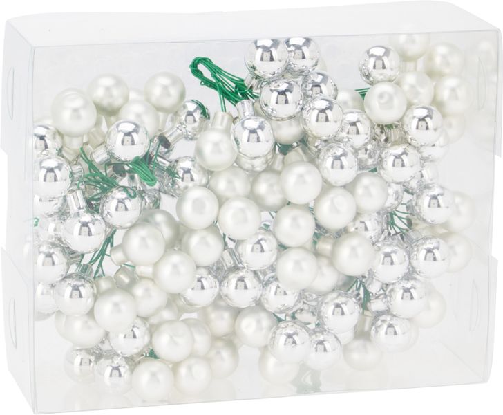Mini Silver Glass Xmas Balls on Wire - Set of 12, 20mm, Shiny &amp; Matt