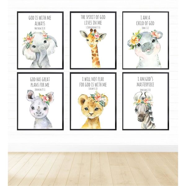 Safari Animals Bible Verse with Flowers - A4 - 21cm x 29cm -6 Set