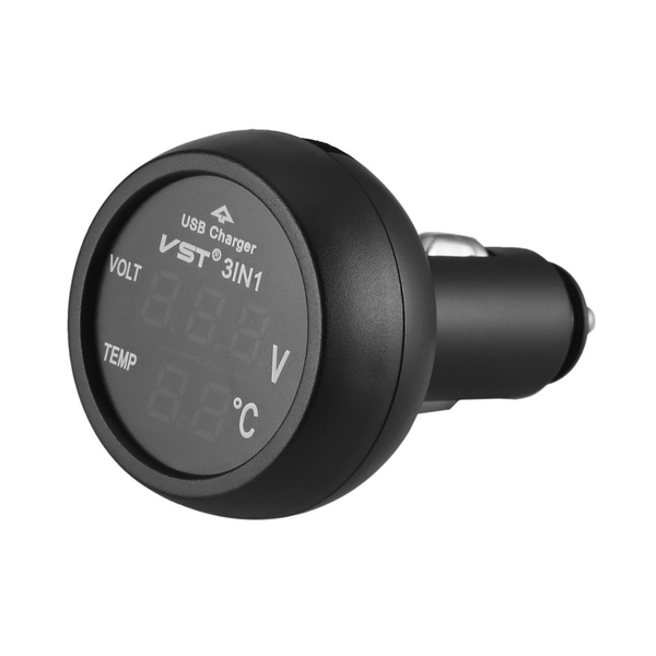 KR Digital Monitor 3-in-1: USB, Voltmeter &amp; Thermometer to Male Cig Port