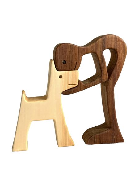 Hand-carved Wooden Dog and Man Sculpture Set