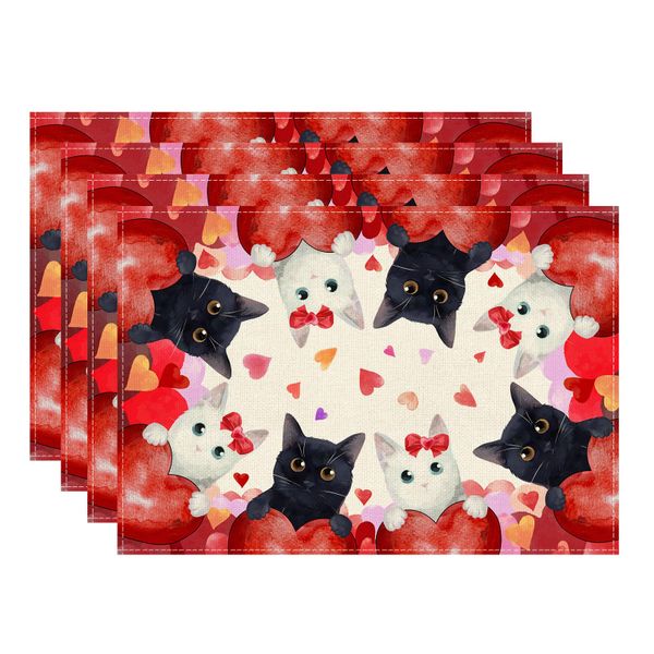 Love Hearts Cats Valentine's Day Placemats Set of 4