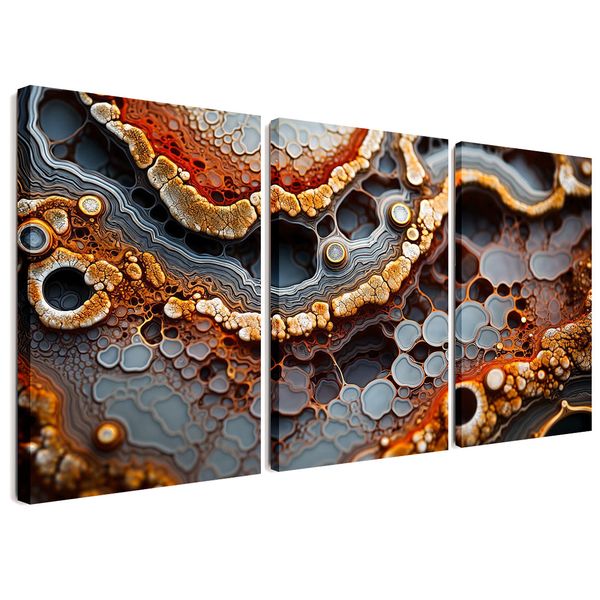 Marble Blue Orange Gold 3 Piece Abstract Canvas Wall Art Decor