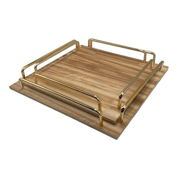 2 Piece Square Wooden Tray Set - Gold Handles