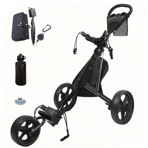 3 Wheel Golf Push Cart with Ball Bag, Storage Bag, Water Cup, Cleaning Tool