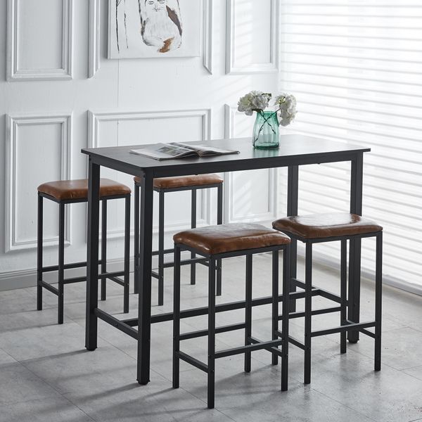 5-Piece Kitchen Dining Set with Height Bar Table &amp; 4 Chairs Brown