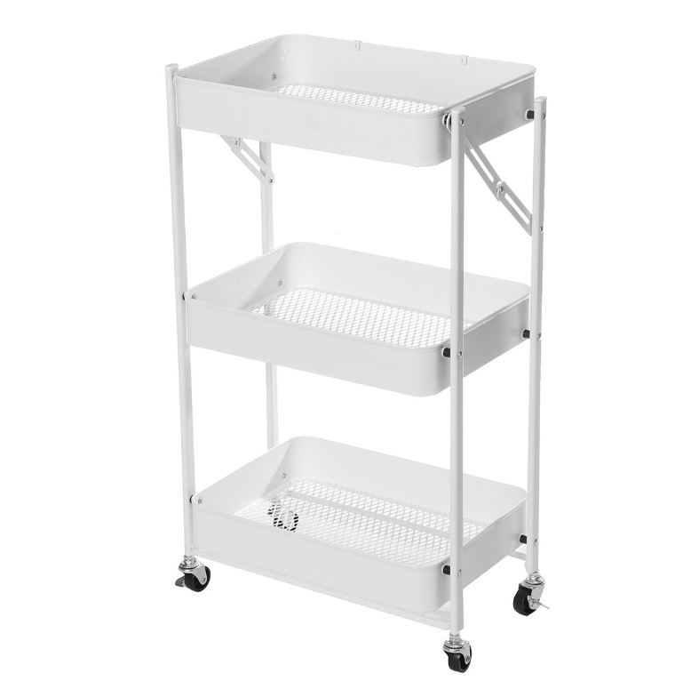 3-Tier Folding Metal Utility Rolling Cart with Lockable Wheels - White ...