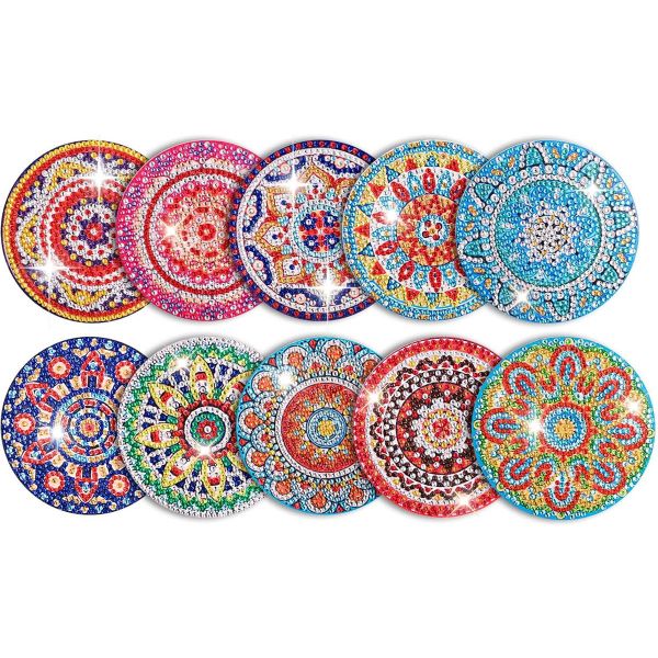 10 Pack 5D Diamond Painting Coasters with Holder, Mandala Cup Coasters