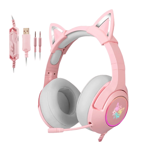 ONIKUMA K9 RGB Gaming Headset Pink with Cat Ears - Wired for PC &amp; Console