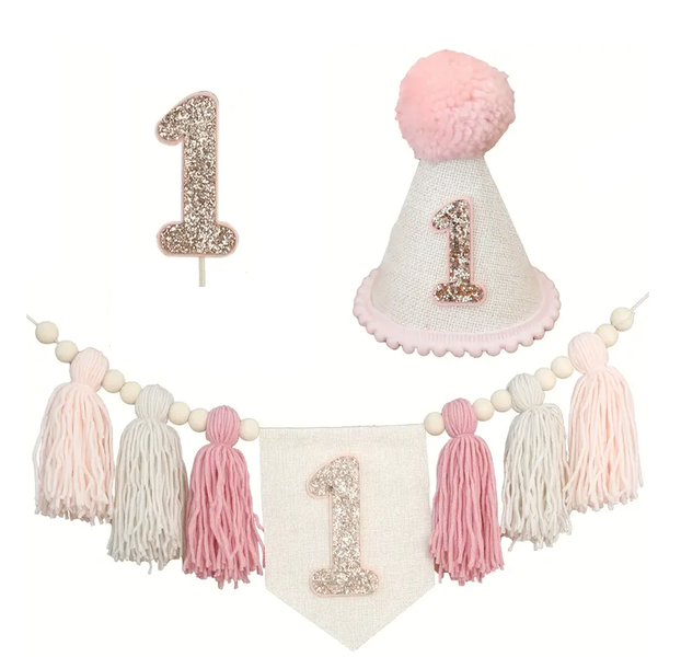 1st Birthday Set - Pompom Hat Girl - Set of 3