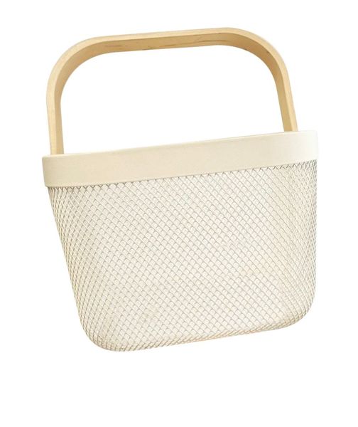 Mesh Storage Basket With Wooden Handle Small - Cream