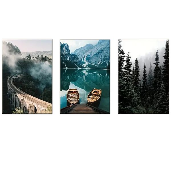 Canvas-Art-3 Pieces Misty Forest &amp; Lake Boat Landscape Wall Art