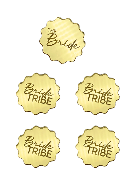 Wavy Circle Etched Mirror Acrylic Bride and Bride Tribe Badges 5 Pack