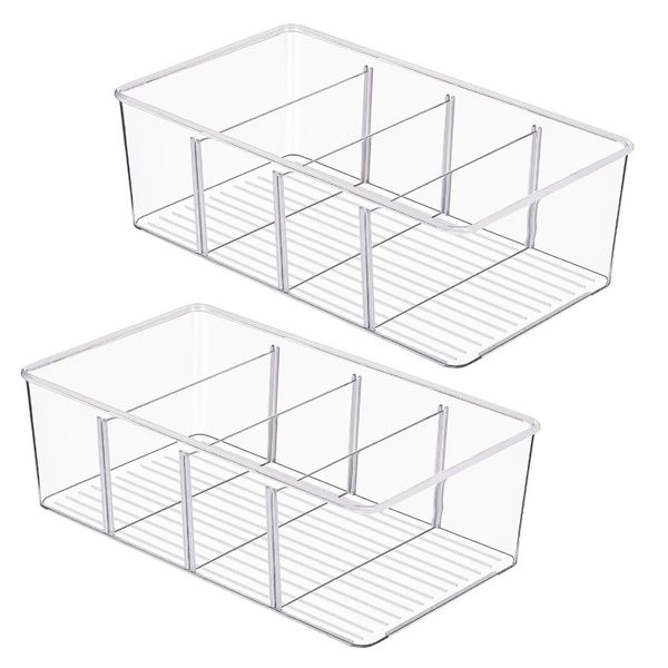 2 Pack Acrylic Fridge Storage Bins with Removable Dividers - Transparent