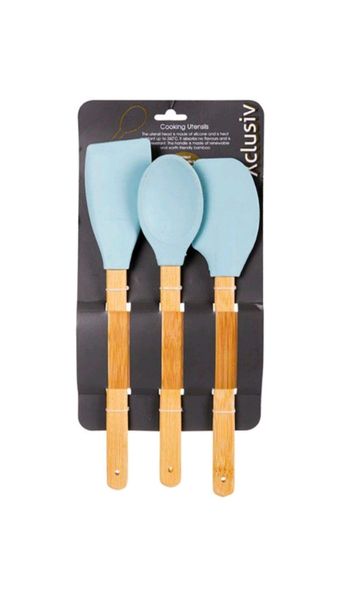 Kitchen Tool Set - 3 Piece, Silicone Head, Bamboo Handle Spatula's