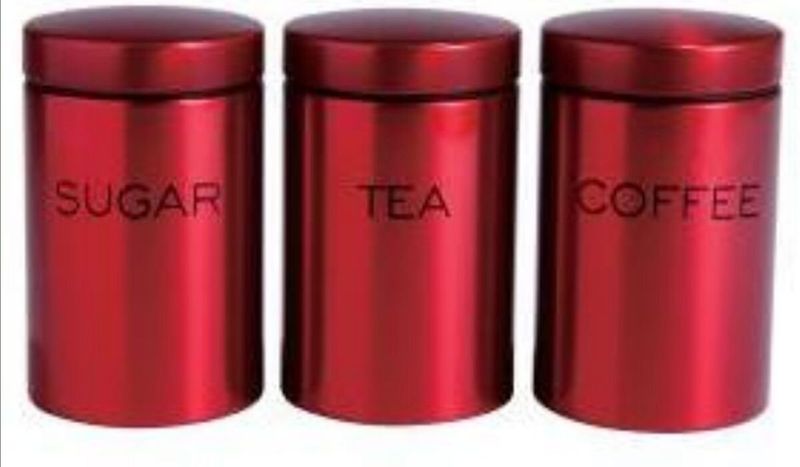 3 Pieces Metallic Stainless Steel Canister Set- Tea - Coffee - Sugar