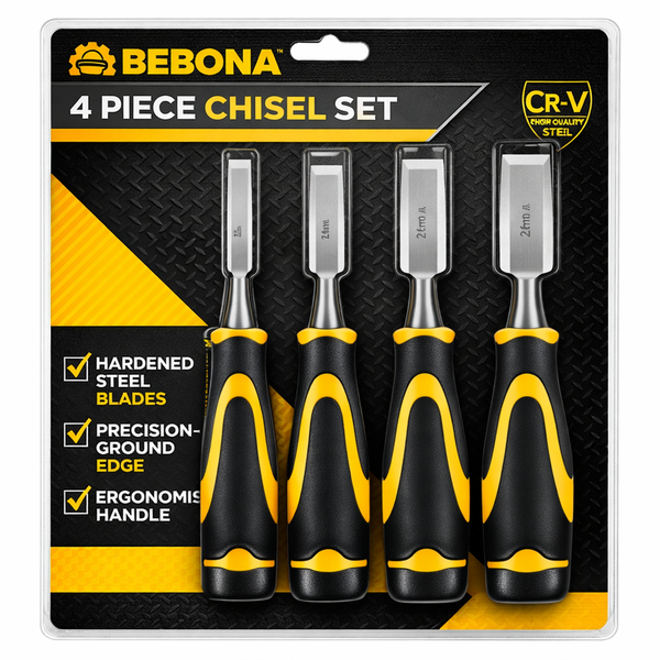 Bebona Diy 4 Piece Wood Chisel Set 6mm 12mm 18mm 24mm - Hardened Cr-V Steel