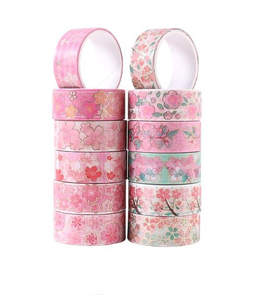 12-Pack Sakura Pink Washi Tape Set-Floral Patterned Decorative Tape