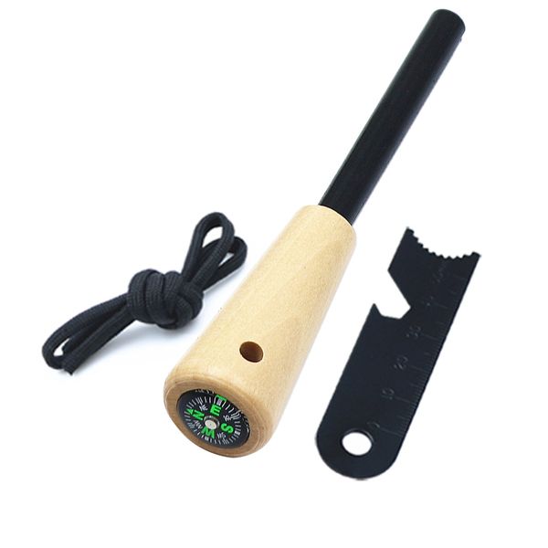 Flint Ferro Rod Fire Starter Survival Tool with Striker, Wood Handle &amp; Compass