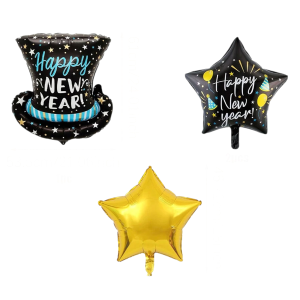 3-Piece - New Year Foil Balloon Set With Hat and Star Design - Multicolor