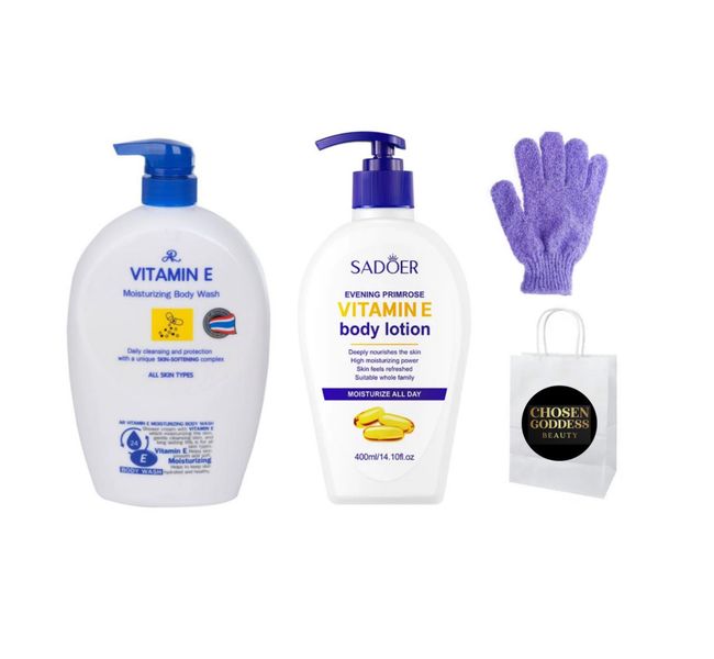 Vitamin E moisturizing Bidy wash ,Primrose Vitamin E Body Lotion and Gloves