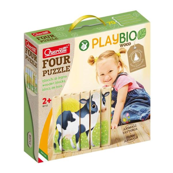 Quercetti Wooden, Eco-Friendly Farm Animals Block Puzzles: 4 Puzzles