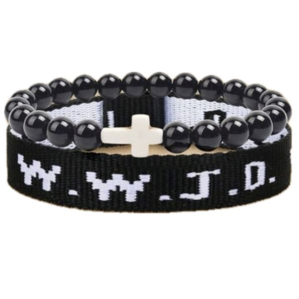 2 Piece WWJD Christian Bracelet and Cross beaded Bracelet