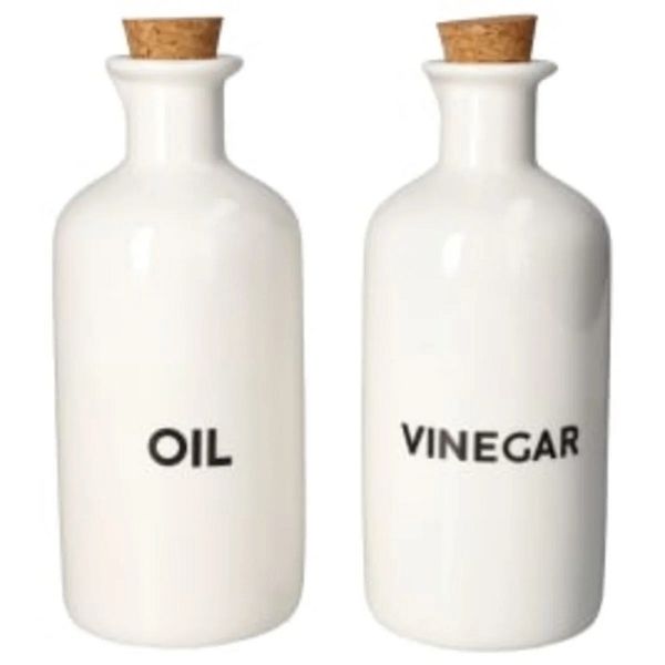 White Porcelain Oil &amp; Vinegar Dispenser Set with Cork Stoppers