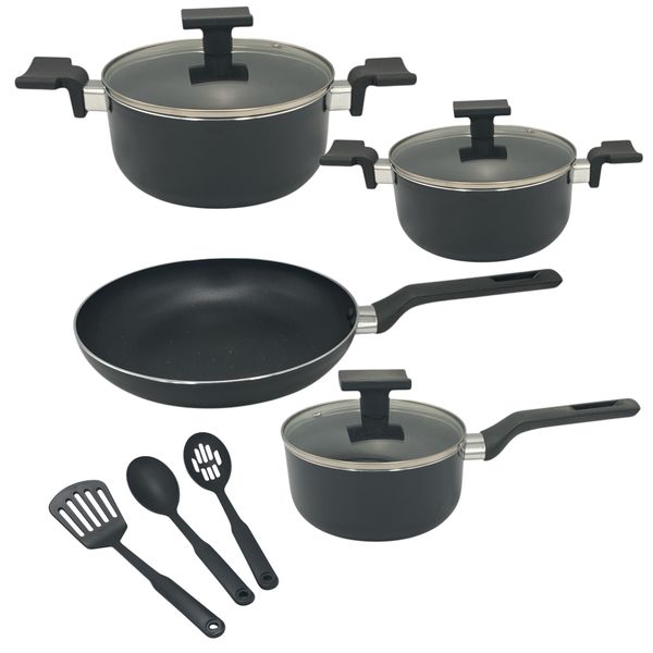 Pot Set 10 Piece Non-Stick Ceramic Coating Aluminum Cookware W/Nylon Utensils