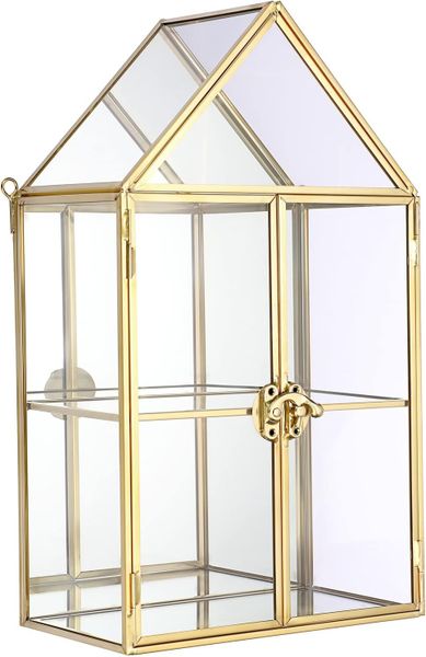 ELLDOO 2 Tier Clear Glass Box, Gold Mirrored Jewelry Makeup Display