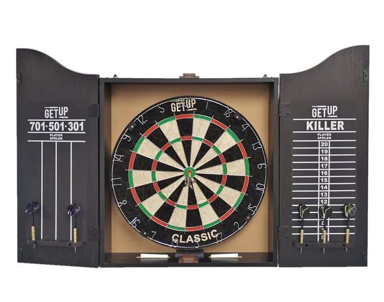 GetUp Classic Dartboard with Cabinet Includes 6x18g Steel Darts