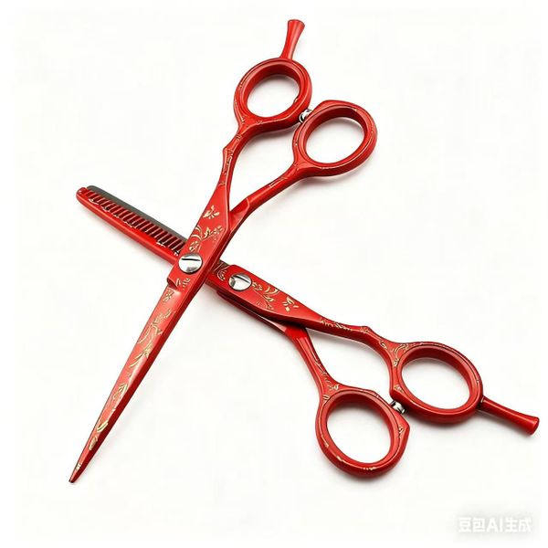 Red Pattern Stainless Steel Thinning Hair Salon Scissors 6 Inch