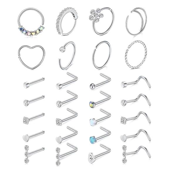Nose Rings Hoop L Shape Nose Studs Nose Screw Bone - 28 Pack
