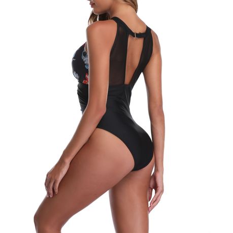 Black High Neck Mesh Tummy Control Swimsuit