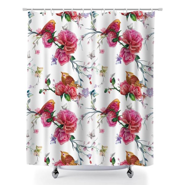 Botanical Bird Print Shower Curtain with Rustproof Grommets for Bathroom