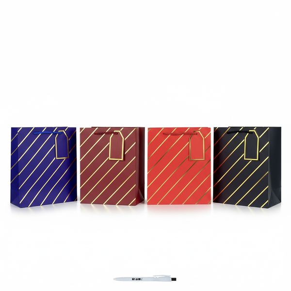 4Pcs Medium Striped Luxury Gift Bags with Tags In 4 Colors With ReVibe Pen