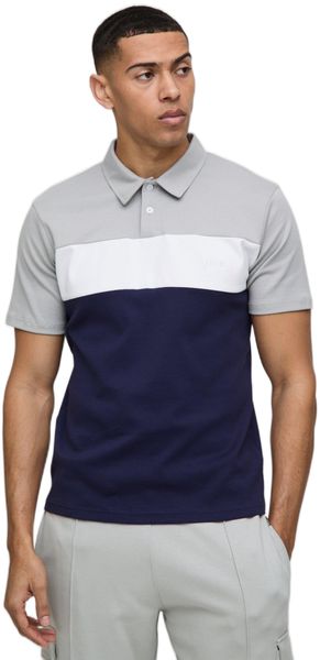 boohooMAN - Men's Slim Fit Colour Block Interlock Polo Shirt - Navy
