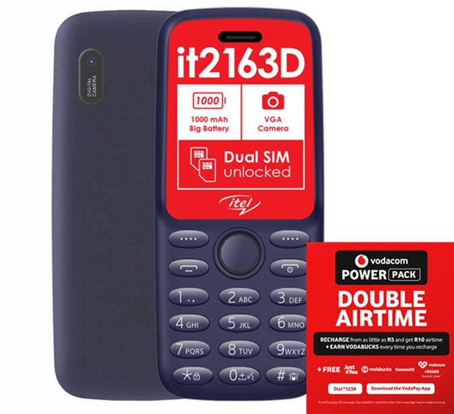 Itel it2163D 2G Feature Phone - Deep Blue + Vodacom SIM Card Pack