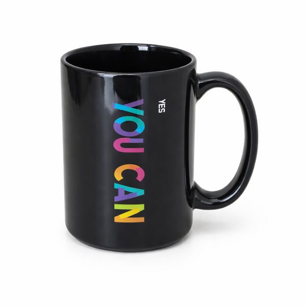 Yes You Can Ceramic Mug - Black with Colourful Vertical Text