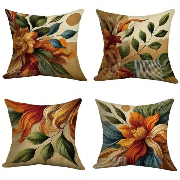 4-piece Set Elegant Earth-Tone Flower Design Pillow Covers