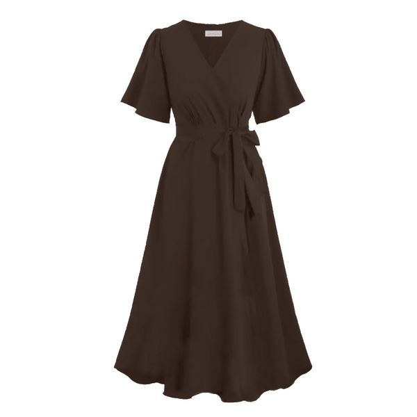 Hannah Grace Maternity Chocolate Brown Short Wrap Dress with Pockets