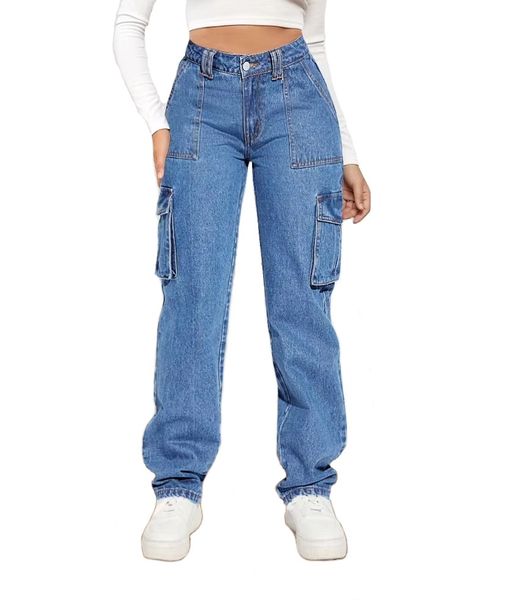 Women's Cargo Jeans Casual Straight Wide Leg Mid Waisted Denim Pants