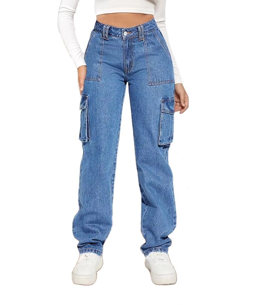 Women's Cargo Jeans Casual Straight Wide Leg Mid Waisted Denim