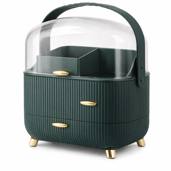 Luxury Makeup Organiser with Drawers Clear Lid and Carry Handle Green